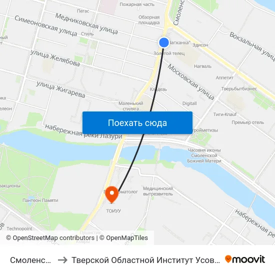 Смоленский Пер. to Тверской Областной Институт Усовершенствования Учите map