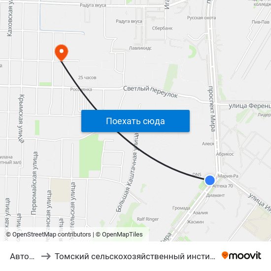 Автопарк to Томский сельскохозяйственный институт, филиал НГАУ map