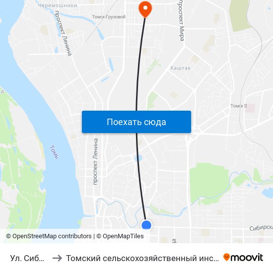 Ул. Сибирская to Томский сельскохозяйственный институт, филиал НГАУ map