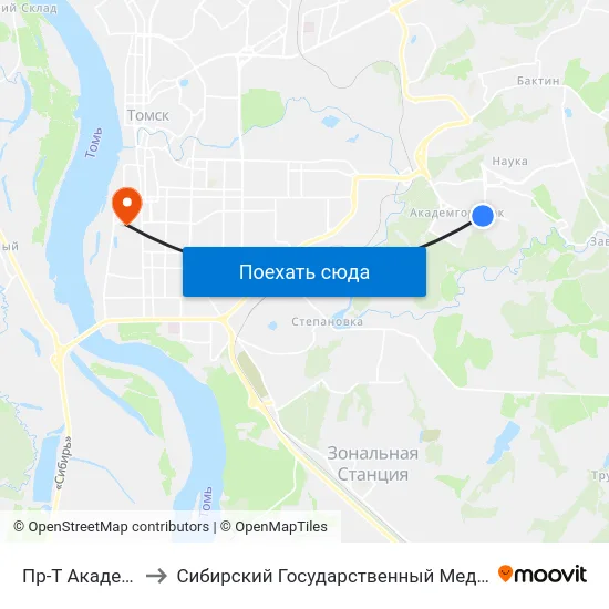 Пр-Т Академический to Сибирский Государственный Медицинский Университет map