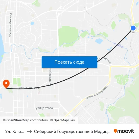 Ул. Клюева, 26 to Сибирский Государственный Медицинский Университет map