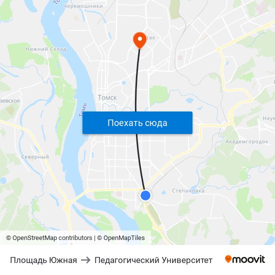 Площадь Южная to Педагогический Университет map