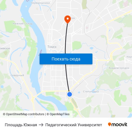 Площадь Южная to Педагогический Университет map