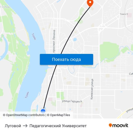 Луговой to Педагогический Университет map