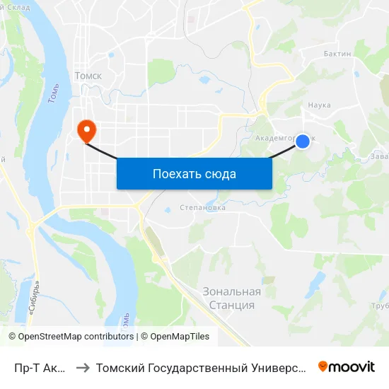 Пр-Т Академический to Томский Государственный Университет (Институт Экономики И Менеджмента) map