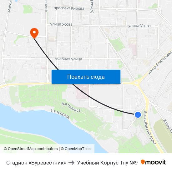 Стадион «Буревестник» to Учебный Корпус Тпу №9 map