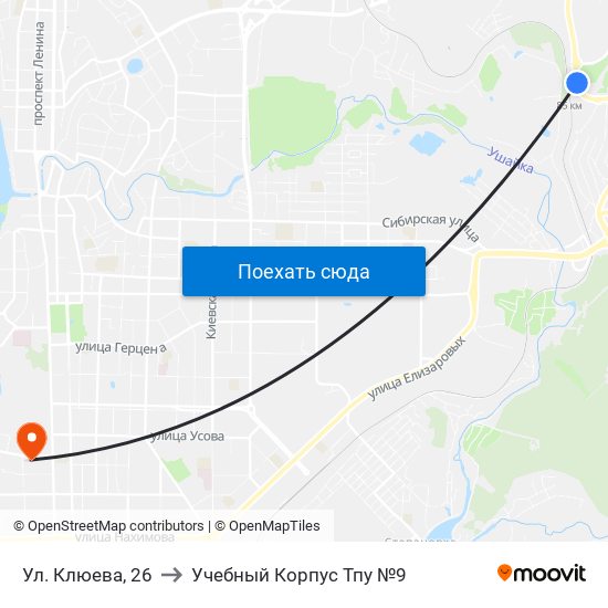 Ул. Клюева, 26 to Учебный Корпус Тпу №9 map