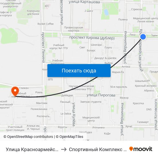 Улица Красноармейская to Спортивный Комплекс Тпу map