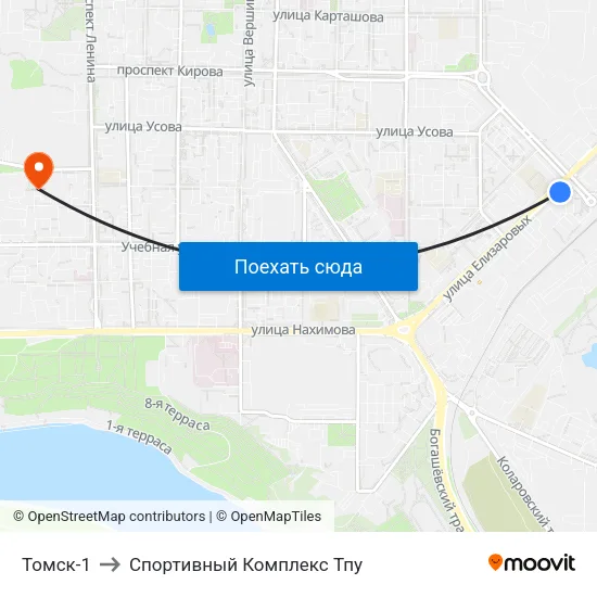 Томск-1 to Спортивный Комплекс Тпу map