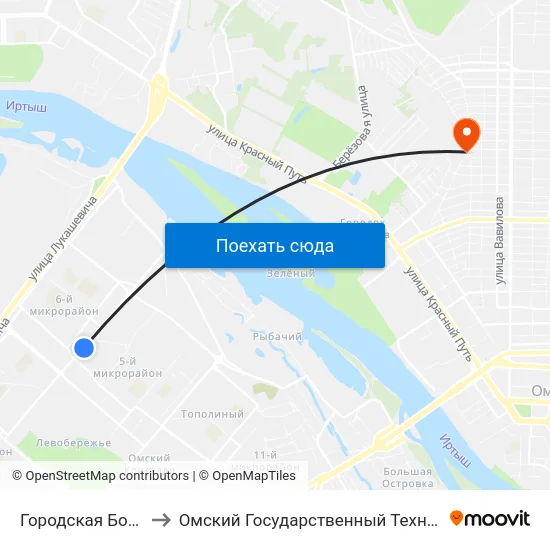Городская Больница №1 to Омский Государственный Технический Университет map
