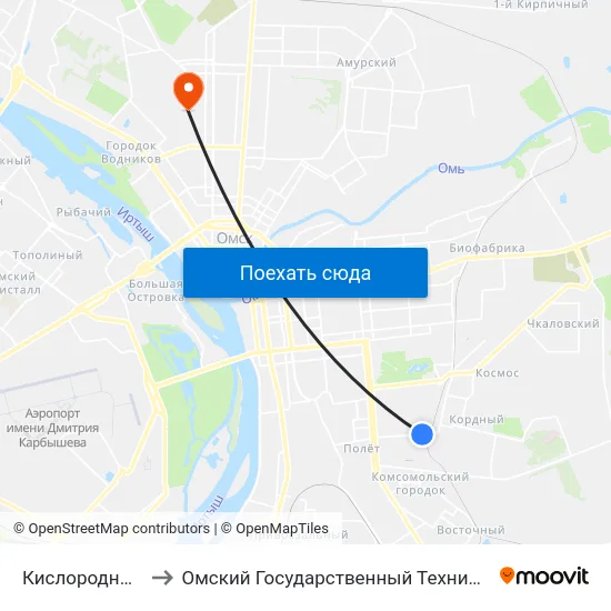 Кислородный Завод to Омский Государственный Технический Университет map