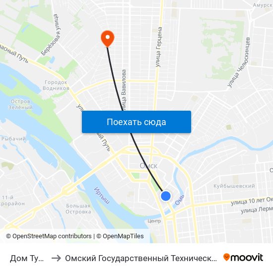 Дом Туриста to Омский Государственный Технический Университет map