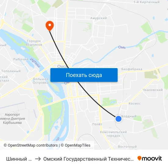 Шинный Завод to Омский Государственный Технический Университет map