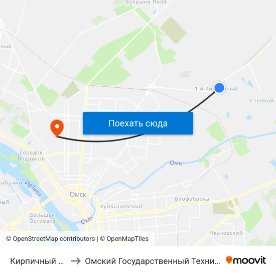 Кирпичный Завод №1 to Омский Государственный Технический Университет map
