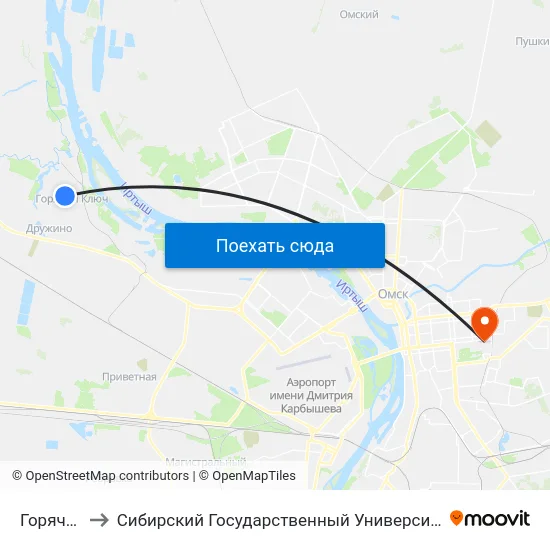 Горячий Ключ to Сибирский Государственный Университет Физической Культуры И Спорта map