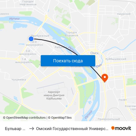 Бульвар Зеленый to Омский Государственный Университет Путей Сообщения map