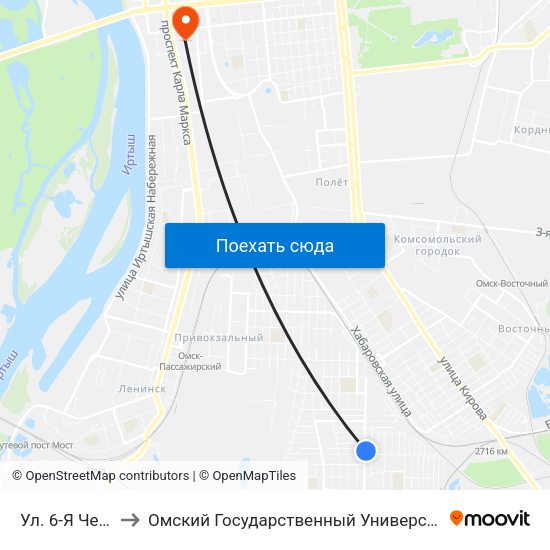 Ул. 6-Я Чередовая to Омский Государственный Университет Путей Сообщения map