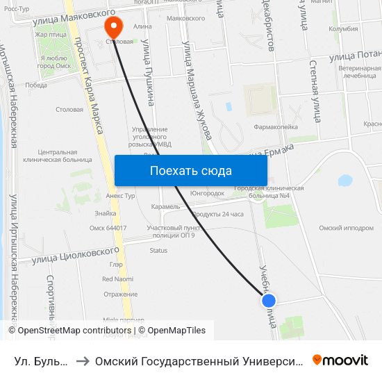 Ул. Бульварная to Омский Государственный Университет Путей Сообщения map