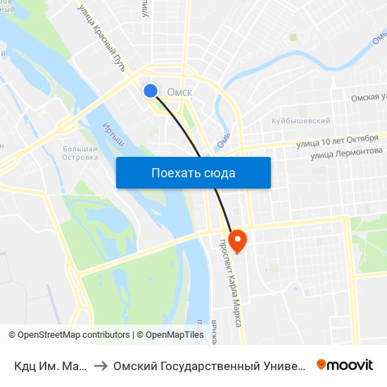 Кдц Им. Маяковского to Омский Государственный Университет Путей Сообщения map