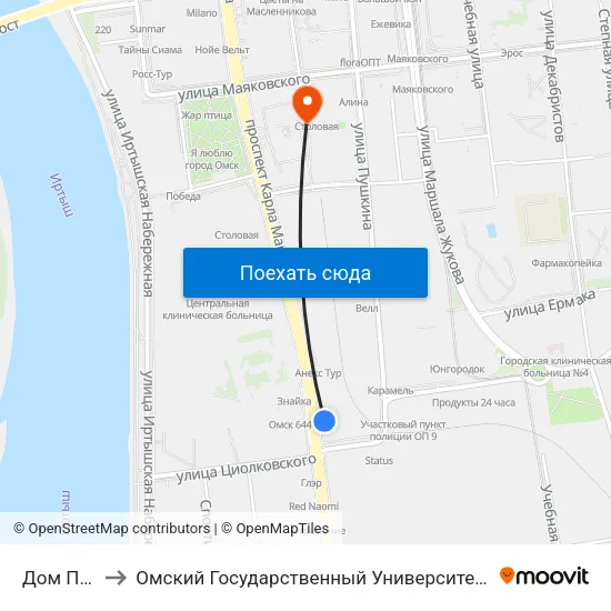 Дом Печати to Омский Государственный Университет Путей Сообщения map