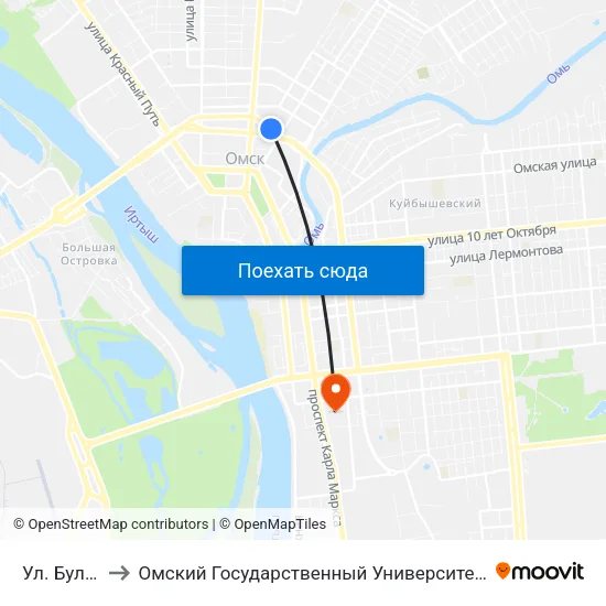 Ул. Булатова to Омский Государственный Университет Путей Сообщения map