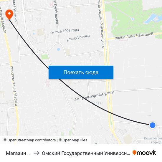 Магазин Фиалка to Омский Государственный Университет Путей Сообщения map