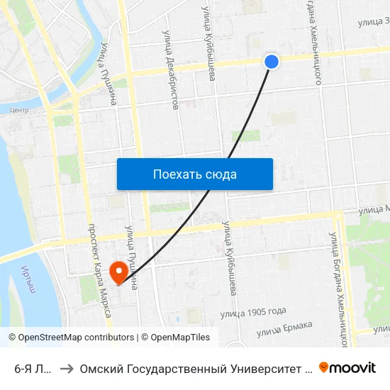 6-Я Линия to Омский Государственный Университет Путей Сообщения map