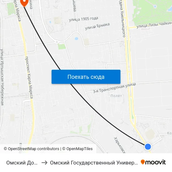 Омский Дом Дружбы to Омский Государственный Университет Путей Сообщения map