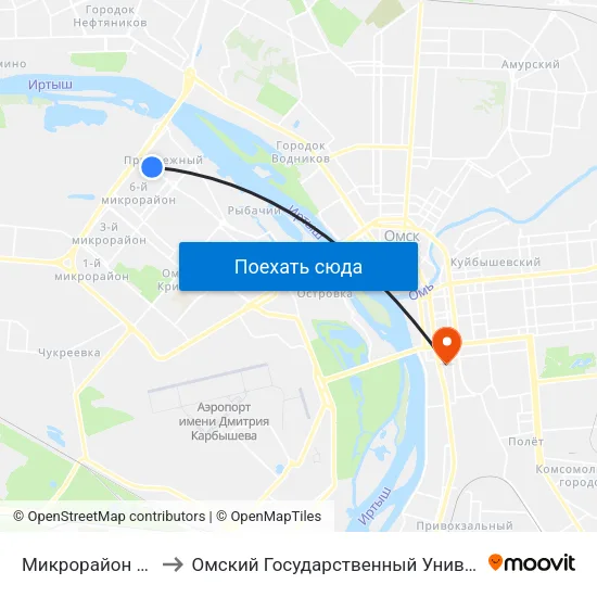 Микрорайон Прибрежный to Омский Государственный Университет Путей Сообщения map