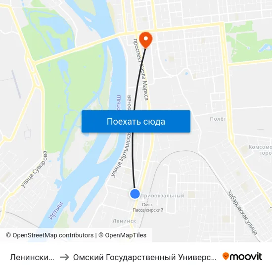 Ленинский Рынок to Омский Государственный Университет Путей Сообщения map