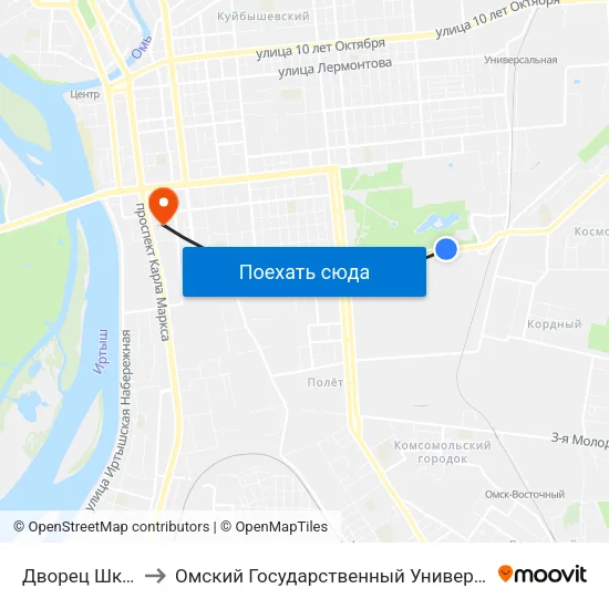 Дворец Школьников to Омский Государственный Университет Путей Сообщения map
