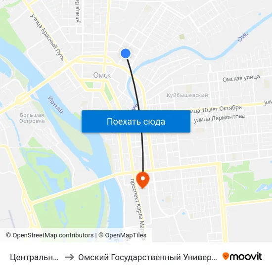 Центральный Рынок to Омский Государственный Университет Путей Сообщения map
