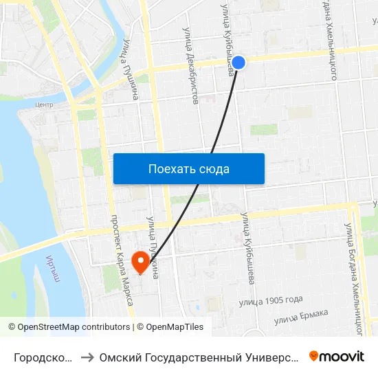 Городской Музей to Омский Государственный Университет Путей Сообщения map