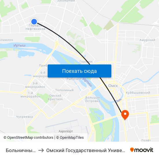 Больничный Городок to Омский Государственный Университет Путей Сообщения map