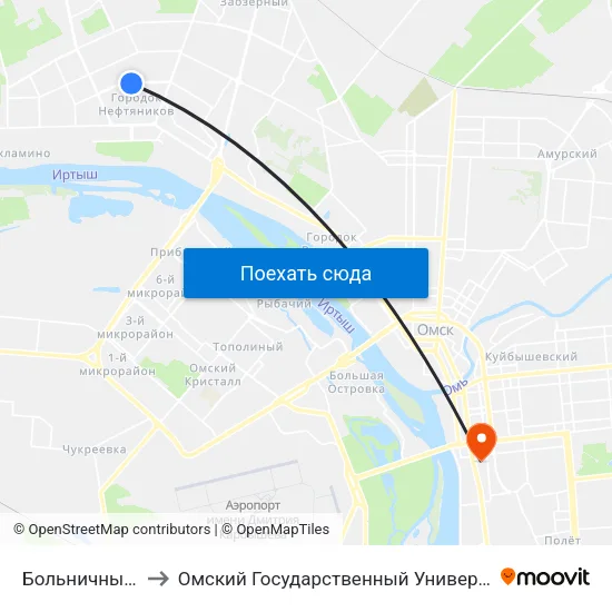 Больничный Городок to Омский Государственный Университет Путей Сообщения map