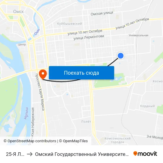 25-Я Линия to Омский Государственный Университет Путей Сообщения map