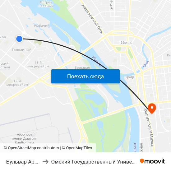 Бульвар Архитекторов to Омский Государственный Университет Путей Сообщения map