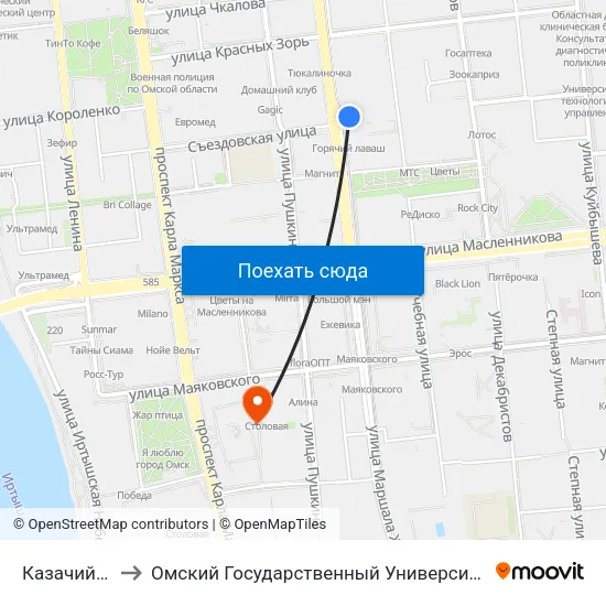 Казачий Рынок to Омский Государственный Университет Путей Сообщения map