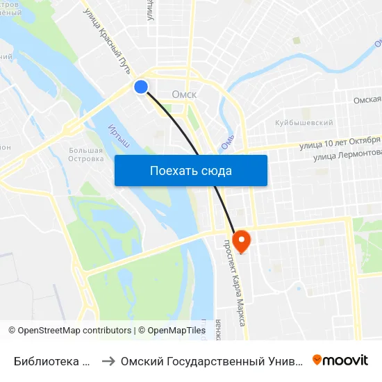 Библиотека Им. Пушкина to Омский Государственный Университет Путей Сообщения map