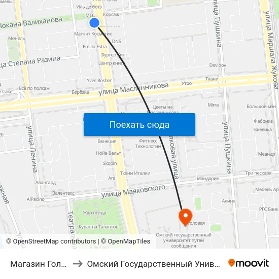 Магазин Голубой Огонек to Омский Государственный Университет Путей Сообщения map