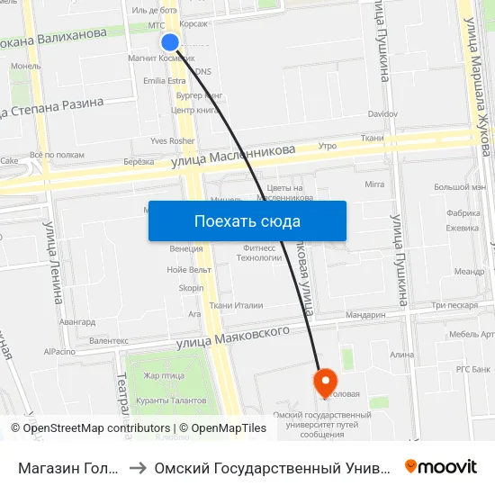 Магазин Голубой Огонек to Омский Государственный Университет Путей Сообщения map