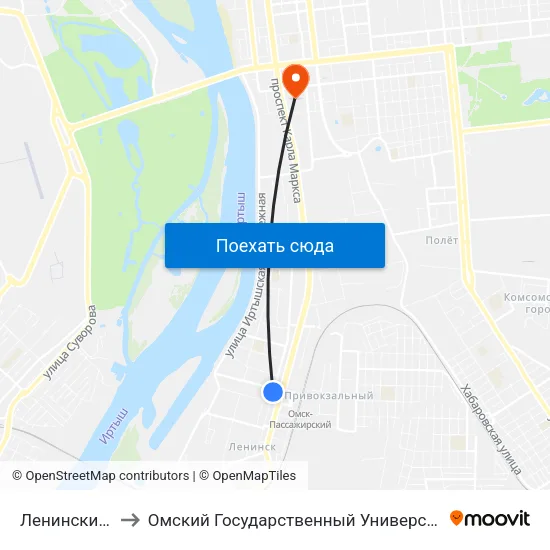 Ленинский Рынок to Омский Государственный Университет Путей Сообщения map