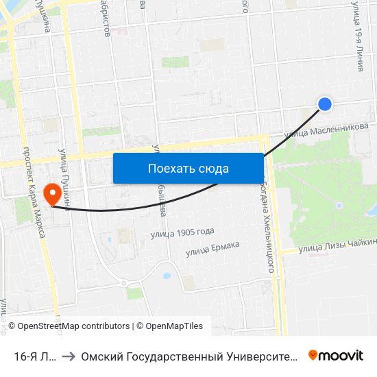 16-Я Линия to Омский Государственный Университет Путей Сообщения map