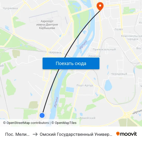 Пос. Мелиораторов to Омский Государственный Университет Путей Сообщения map
