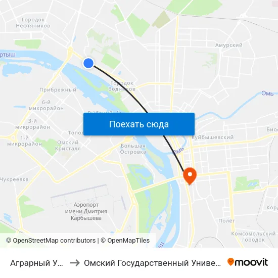 Аграрный Университет to Омский Государственный Университет Путей Сообщения map
