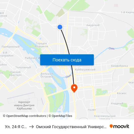 Ул. 24-Я Северная to Омский Государственный Университет Путей Сообщения map