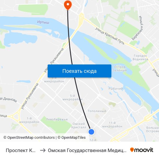 Проспект Комарова to Омская Государственная Медицинская Академия map