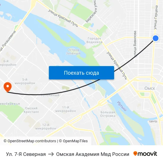 Ул. 7-Я Северная to Омская Академия Мвд России map