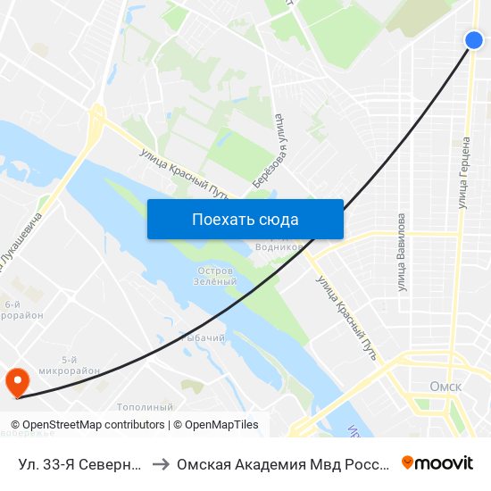 Ул. 33-Я Северная to Омская Академия Мвд России map