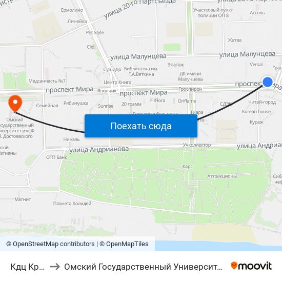 Кдц Кристалл to Омский Государственный Университет Им. Ф. М. Достоевского map